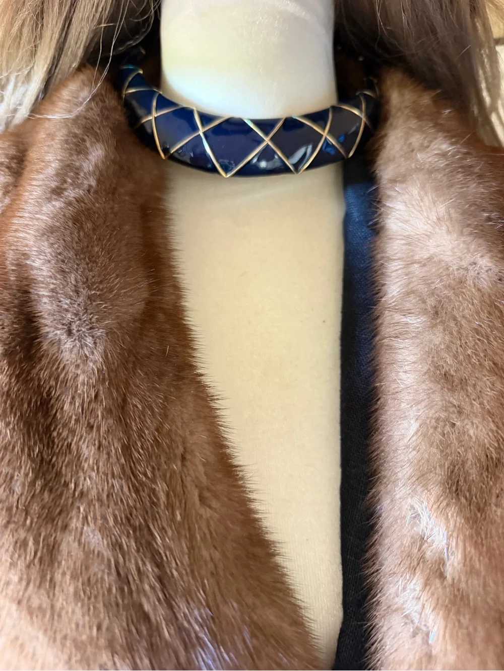 vintage dark navy blue and gold-tone geometric enamel statement choker necklace